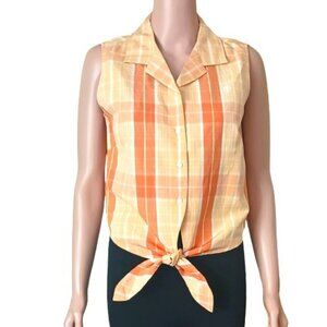Tommy Bahama Tie Front Blouse 10 Silk Linen Orange Yellow Plaid Sleeveless Top